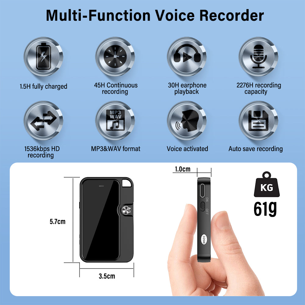 C18 Audio recorder lightweight design digital 64GB Black color mini design black voice recorder